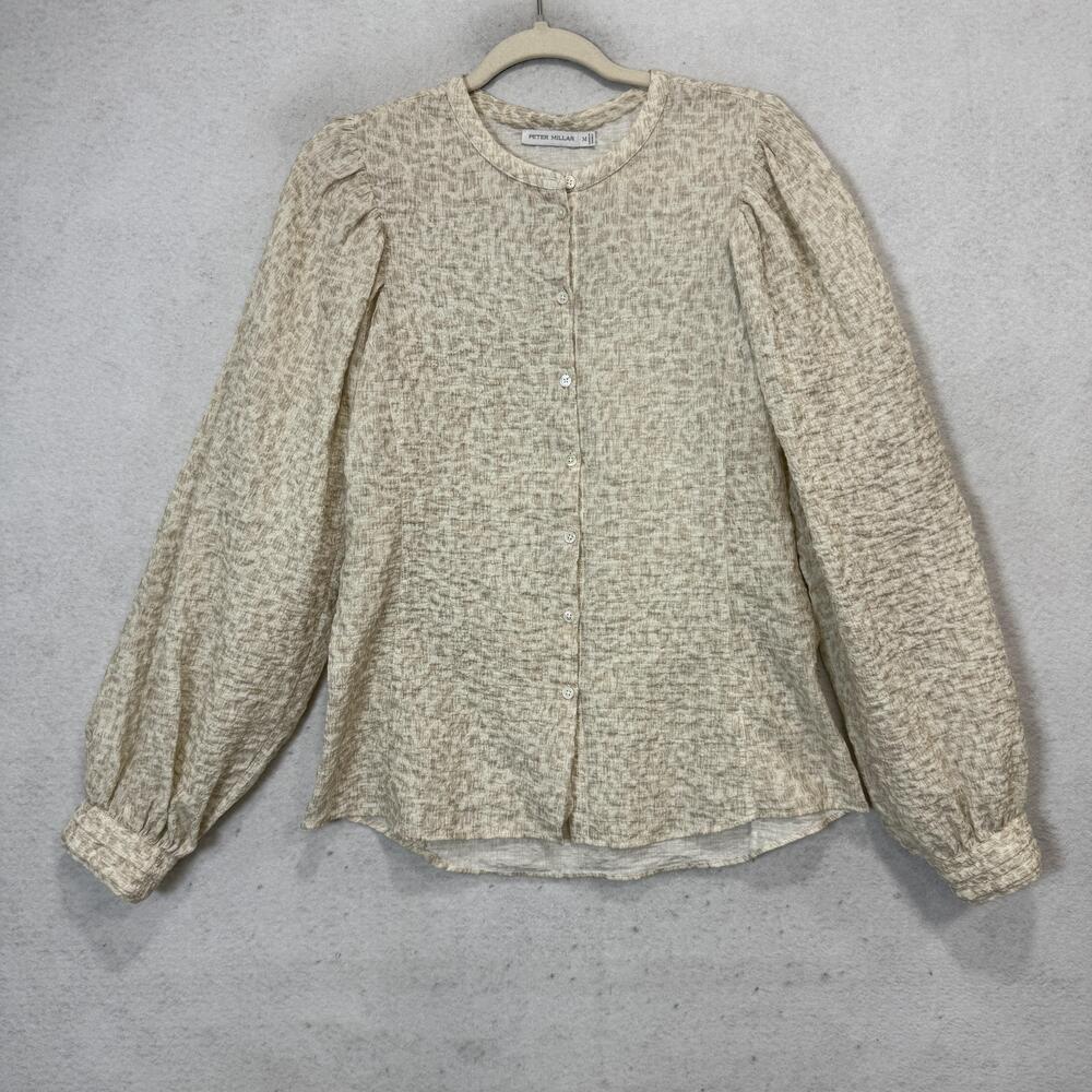 Peter Millar Blouse Womens Medium Beige Textured Button Front Puff Sleeve Top
